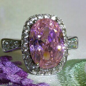 Stunning Silver Tone Pink Ice Cubic Zirconia White CZ Cocktail Ring Size 10
